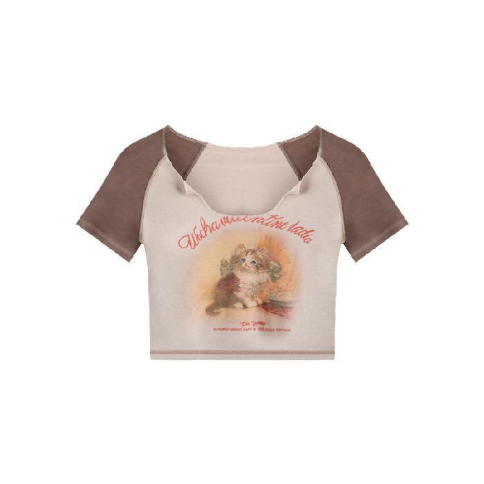 GUJI—10 Vintage Cat Short Sleeve T-Shirt For Women 2024 Summer New Slim Fit Crop Top Sweet And Spicy Blouse Fashion mitsycroptop cheap sweatshirt regular sleeve fashion