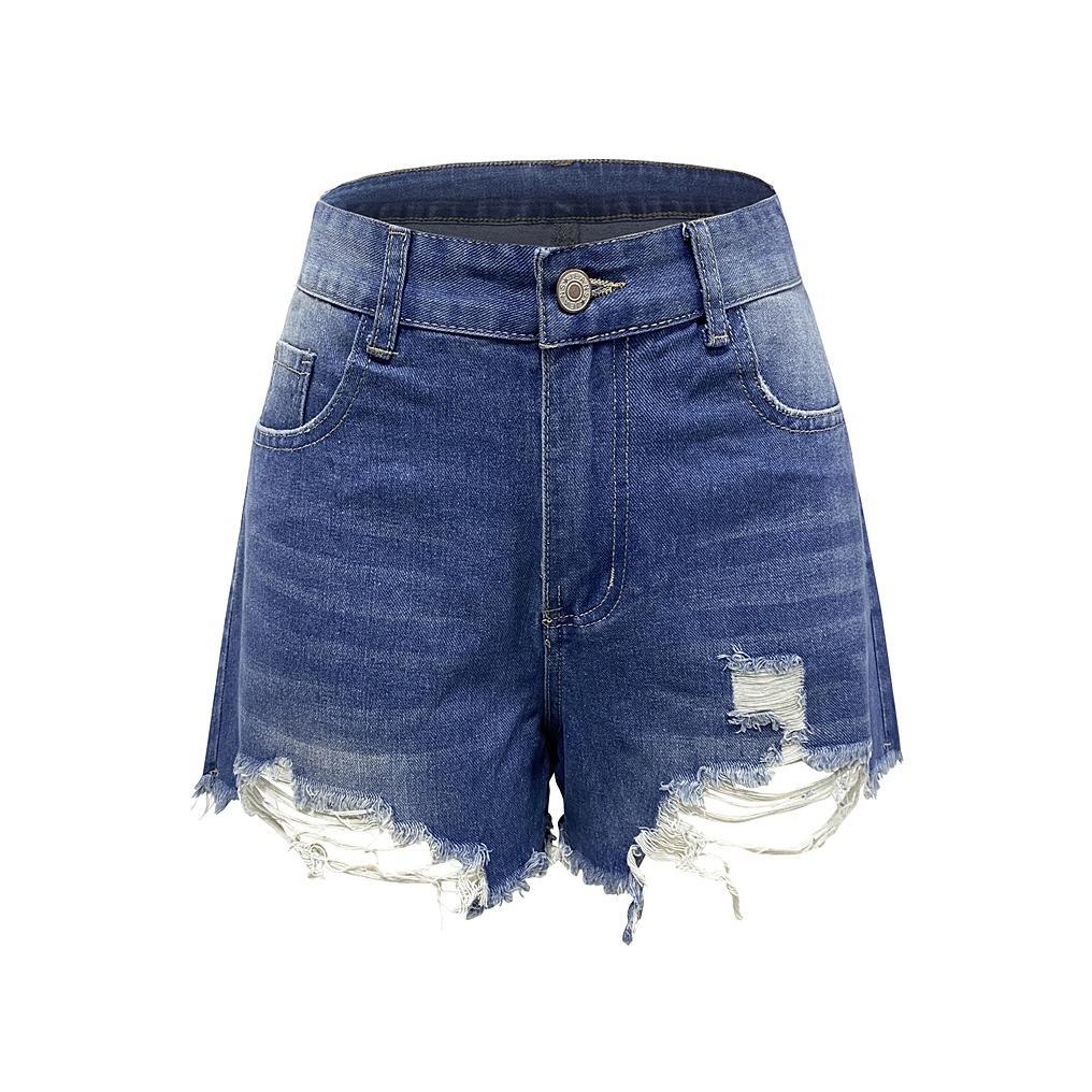 GUJI—173 Women's High-Waisted Summer Denim Shorts - Handcrafted Distressed Casual Comfort Fashion loose-fitting plain