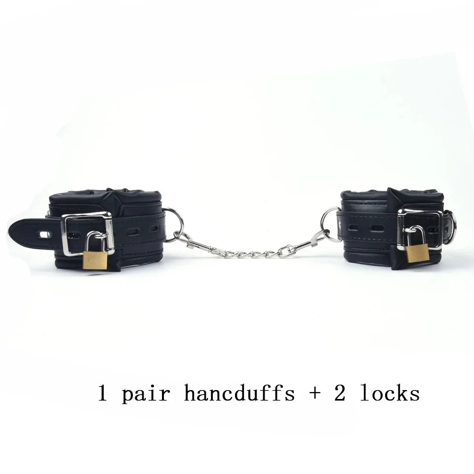 4Pcs Bondage Set Black Leather Sponge Handcuffs For Sex Anklecuffs +Handcuffs+Collar+ mask+5 Lock Sex Toys for Adult Games