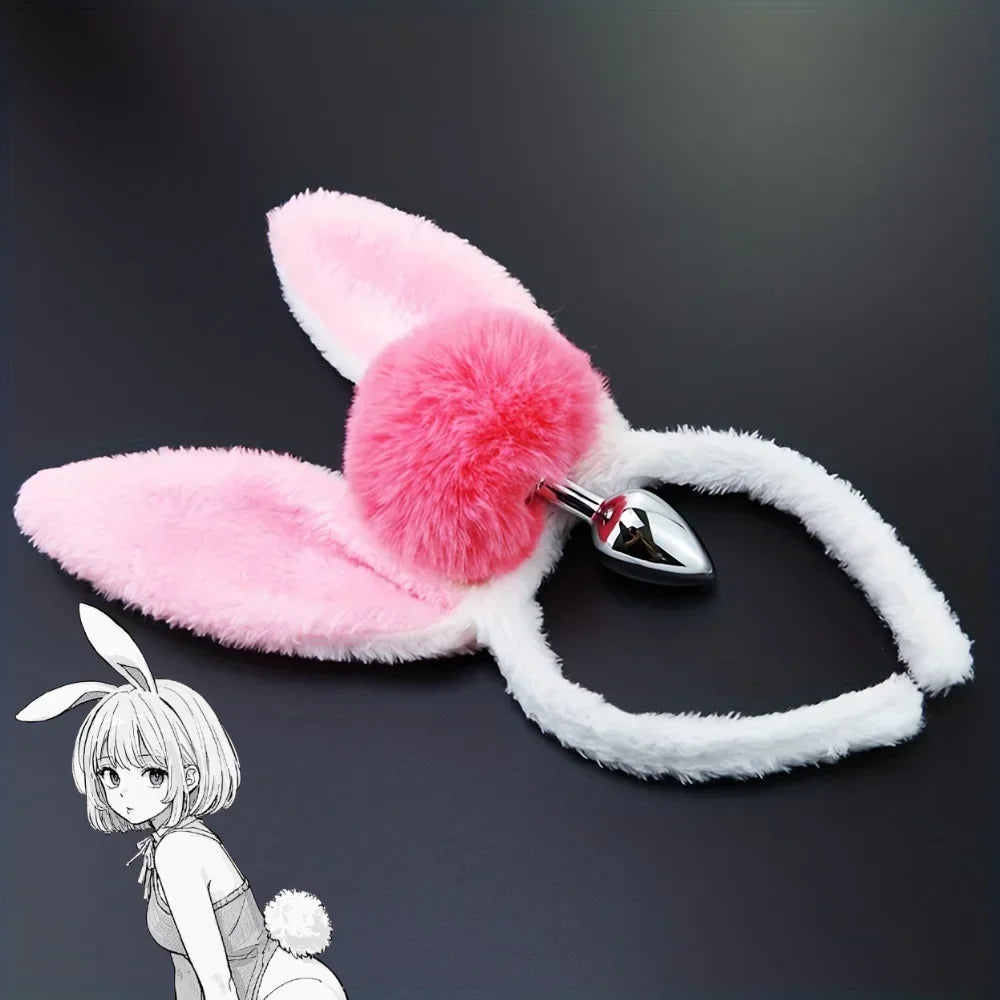 Cute Adorable 2pcs Bunny Tail Set Anal Plugs Anus Toys Buttplug Puppy Play Cosplay for Couple Female Sex Toys Adult Game SM