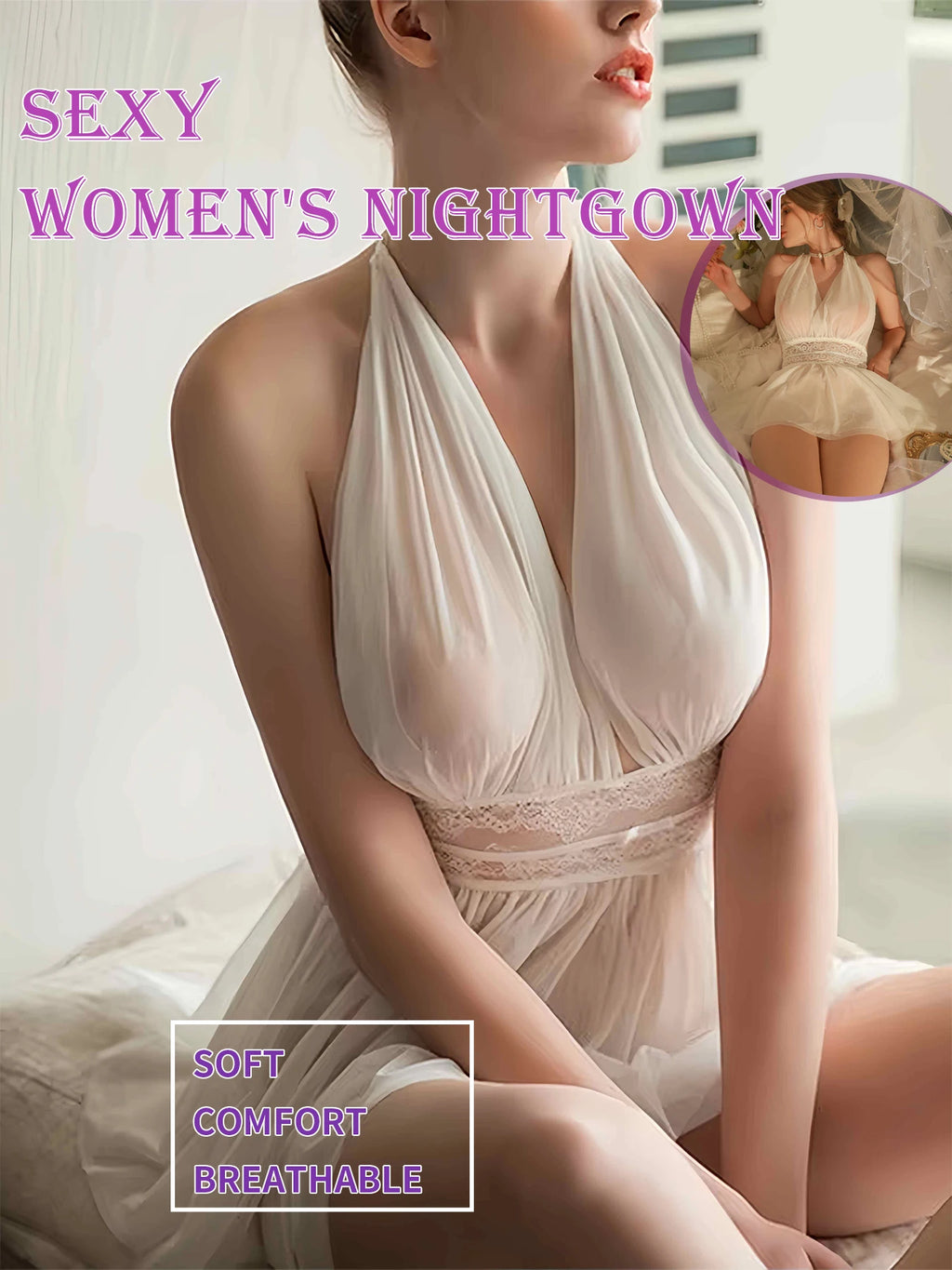 Sexy Lace Splicing Mesh Halter Deep V Backless Lingerie Nightgown for Women All-Season Homewear Comfortable Women's Dress
