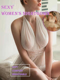 Sexy Lace Splicing Mesh Halter Deep V Backless Lingerie Nightgown for Women All-Season Homewear Comfortable Women's Dress