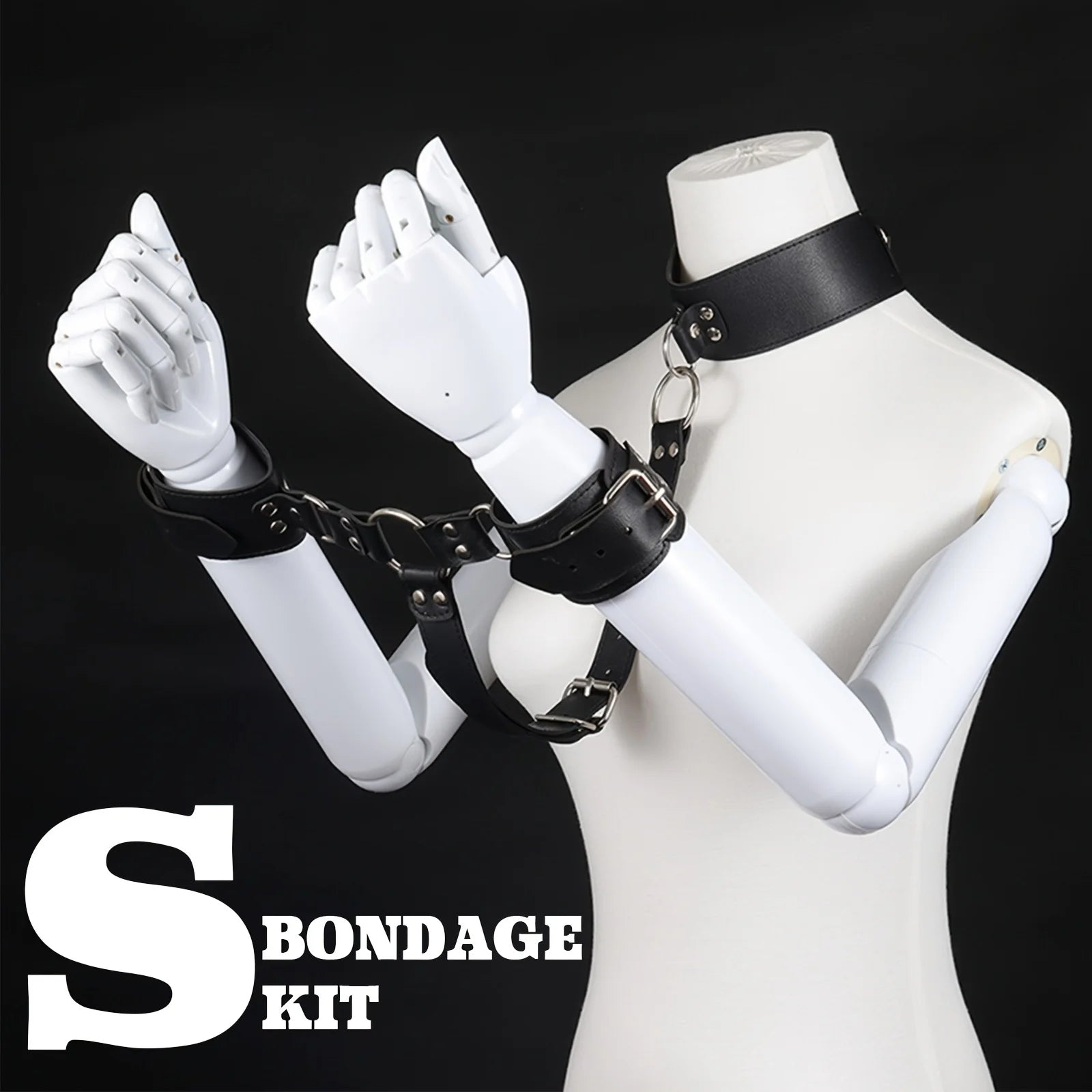 BDSM Bondage Restraints Set Neck to Wrist - Behind Back Handcuffs Collar with Blindfold Adjustable Bondage Gear & Accessories