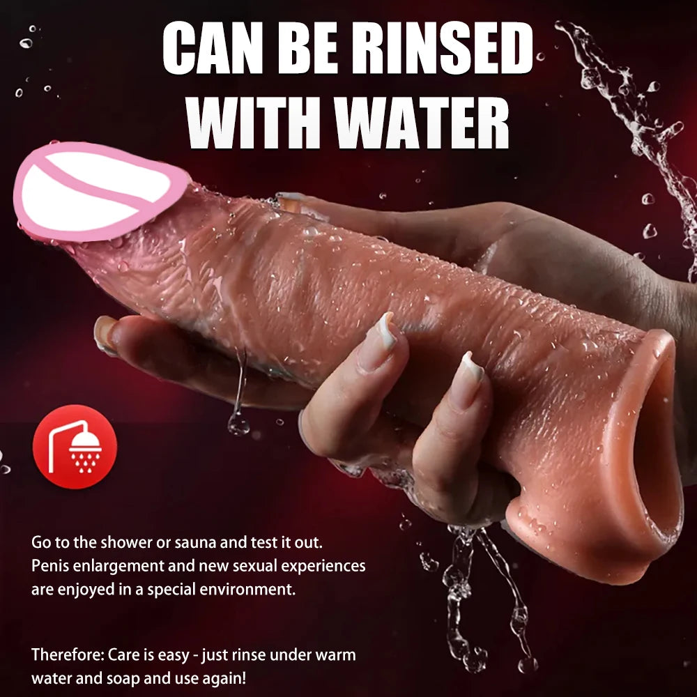 Soft realistic reusable enlarger penis sleeve big growth real silicone Dick delayed ejection extend cock condom Sex Toys For man