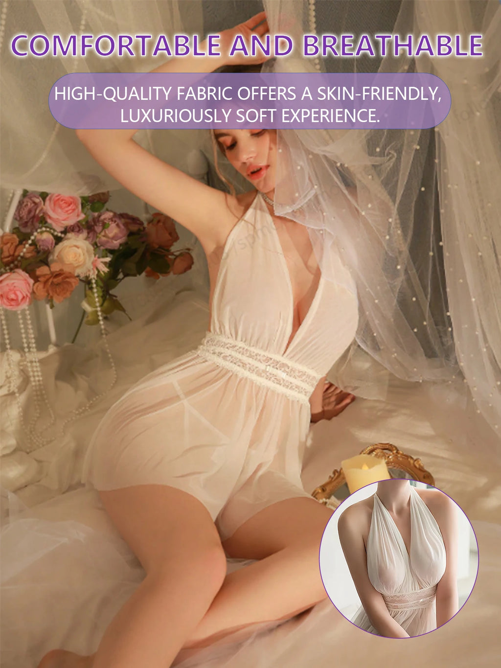 Sexy Lace Splicing Mesh Halter Deep V Backless Lingerie Nightgown for Women All-Season Homewear Comfortable Women's Dress