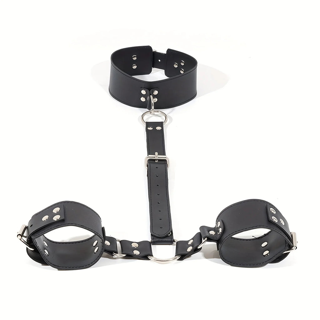 BDSM Bondage Restraints Set Neck to Wrist - Behind Back Handcuffs Collar with Blindfold Adjustable Bondage Gear & Accessories
