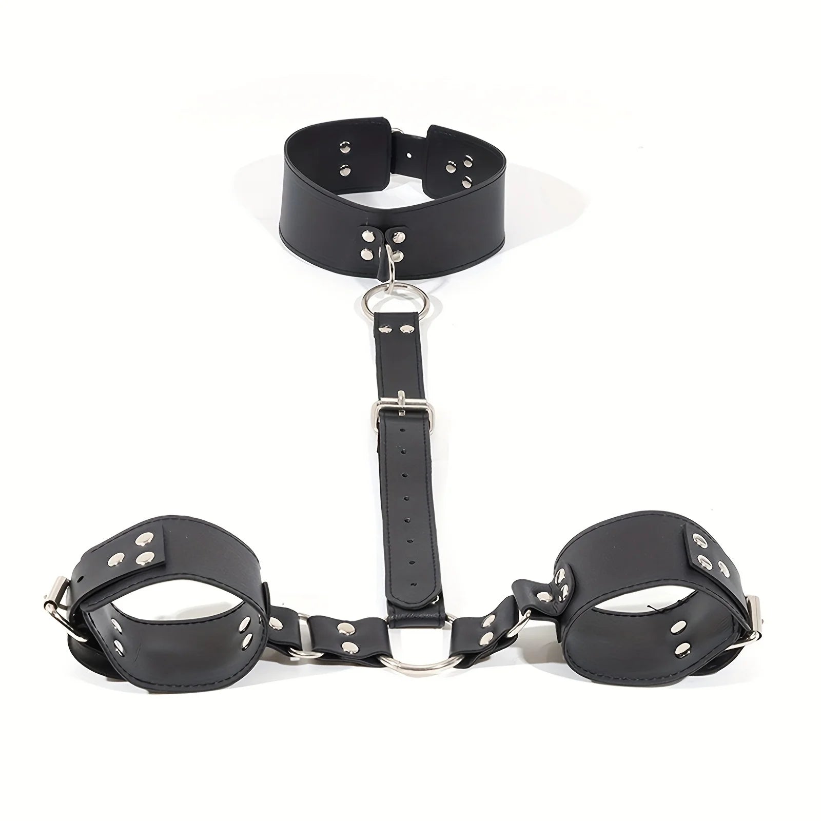 BDSM Bondage Restraints Set Neck to Wrist - Behind Back Handcuffs Collar with Blindfold Adjustable Bondage Gear & Accessories