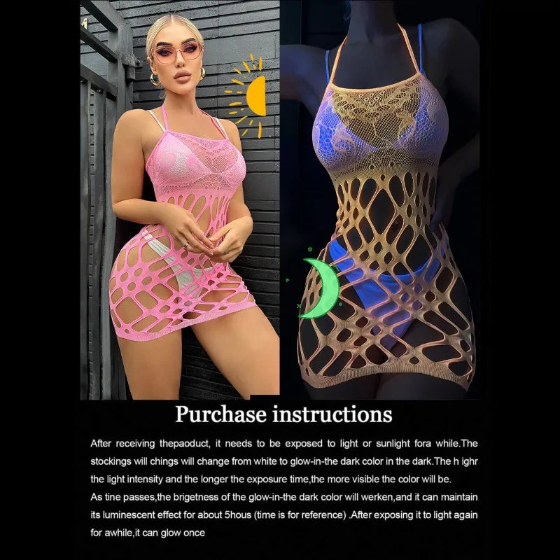 European and American Fluorescent Powder Night Light Flirting Suspender Fun Net Clothes Can Be Torn Sexy Hollow Out and Glowing