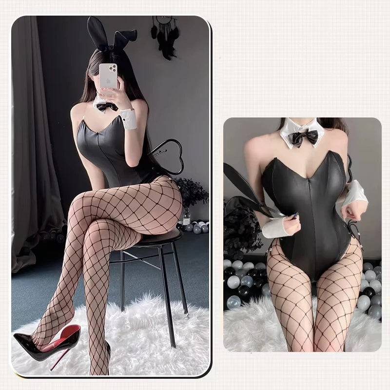 Bunny Cosplay Costume PU Leather One Piece Bodysuit Sexy Kawaii Bunny Girl Comic Anime Game Rabbit Role Play Suit Halloween