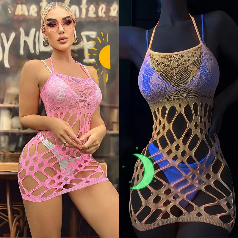 European and American Fluorescent Powder Night Light Flirting Suspender Fun Net Clothes Can Be Torn Sexy Hollow Out and Glowing