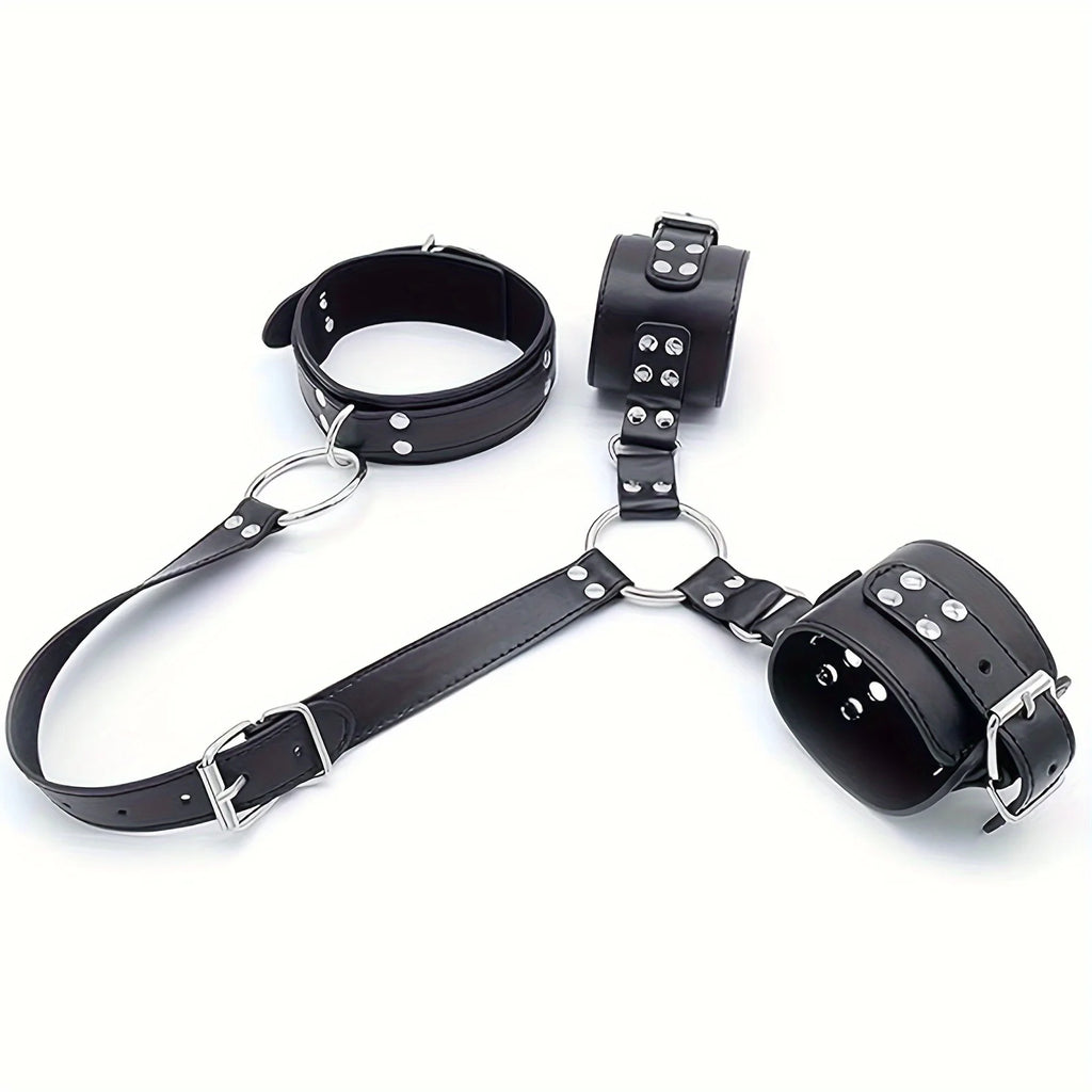 BDSM Bondage Restraints Set Neck to Wrist - Behind Back Handcuffs Collar with Blindfold Adjustable Bondage Gear & Accessories