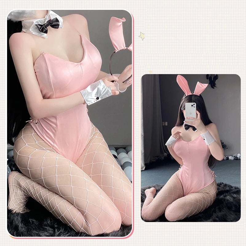 Bunny Cosplay Costume PU Leather One Piece Bodysuit Sexy Kawaii Bunny Girl Comic Anime Game Rabbit Role Play Suit Halloween