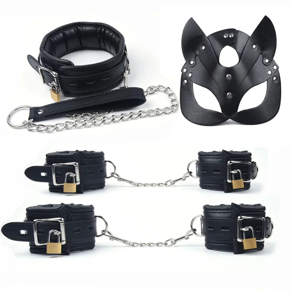 4Pcs Bondage Set Black Leather Sponge Handcuffs For Sex Anklecuffs +Handcuffs+Collar+ mask+5 Lock Sex Toys for Adult Games