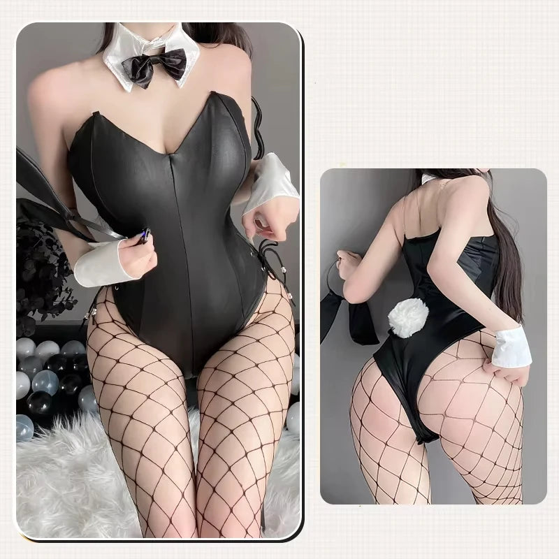 Bunny Cosplay Costume PU Leather One Piece Bodysuit Sexy Kawaii Bunny Girl Comic Anime Game Rabbit Role Play Suit Halloween