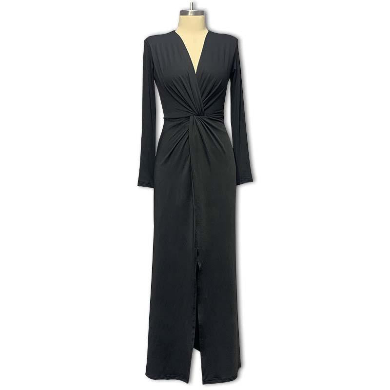 GUJI—157 V-neck Pleated Design High Slit Dress Women Nice Dress Casual Comfort Womenswear Evening Formal Off Shoulder Sexy Formal Dresses Fashion free people