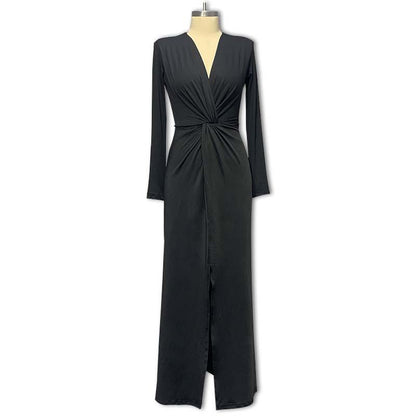 GUJI—157 V-neck Pleated Design High Slit Dress Women Nice Dress Casual Comfort Womenswear Evening Formal Off Shoulder Sexy Formal Dresses Fashion free people
