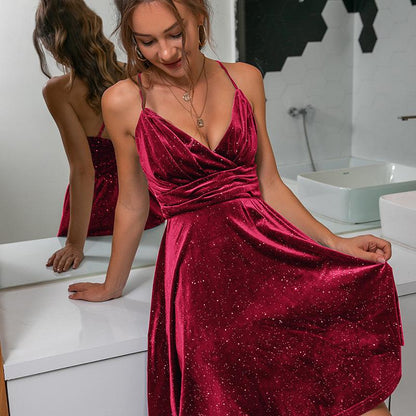 GUJI—-94 Versatile Women's Velvet Evening Gown With Sexy V-Neck And Backless Spaghetti Straps Pretty Dressfashion plain party formal dresses