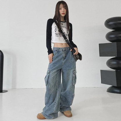 GUJI—224 New Vintage Blue Loose Straight-Leg Floor-Length Pants