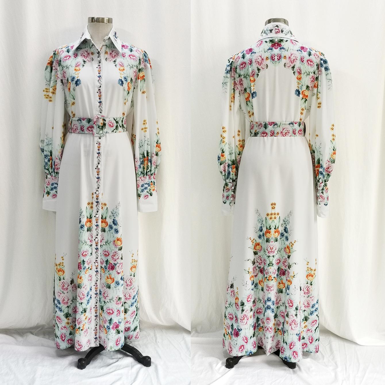 QY29 Women's Printed Mid-Waist Long Dress With Fashionable Lantern Sleeves And Turn-Down Collar Pretty Dress Fashion
