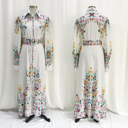 QY29 Women's Printed Mid-Waist Long Dress With Fashionable Lantern Sleeves And Turn-Down Collar Pretty Dress Fashion