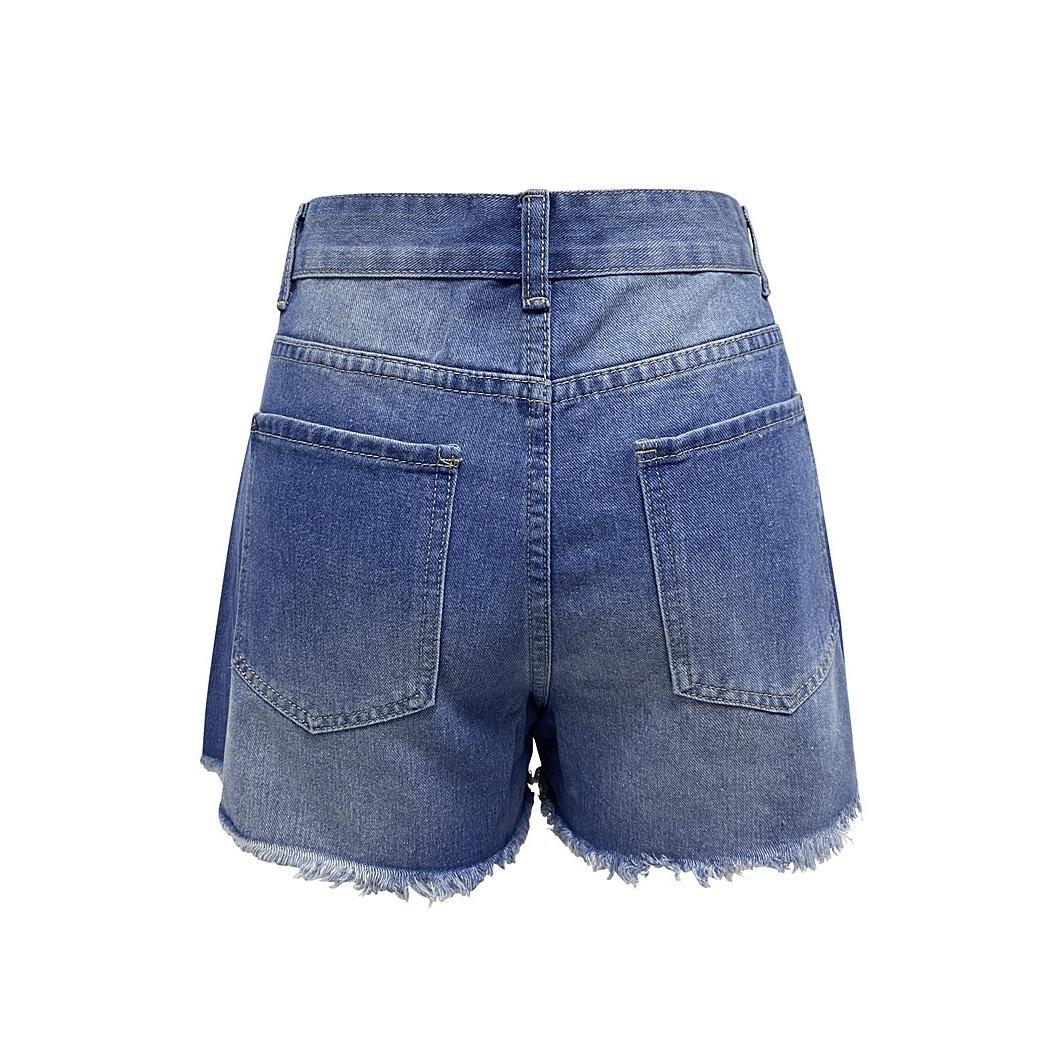 GUJI—173 Women's High-Waisted Summer Denim Shorts - Handcrafted Distressed Casual Comfort Fashion loose-fitting plain