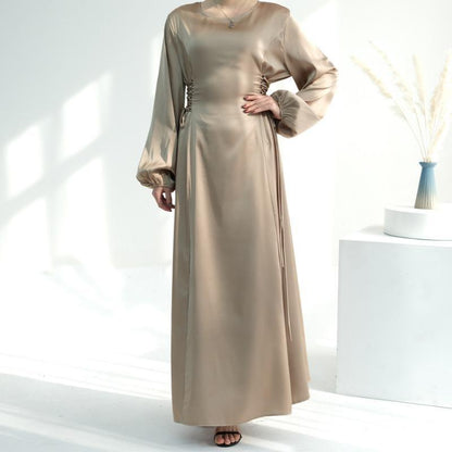 TY-603 Abaya Solid Color High-Neck Slim-Fit Ribbon Dress