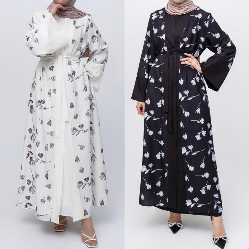 ZM-38 Open Front Long Robe Patchwork Bell Sleeve Printed Dress Fashion