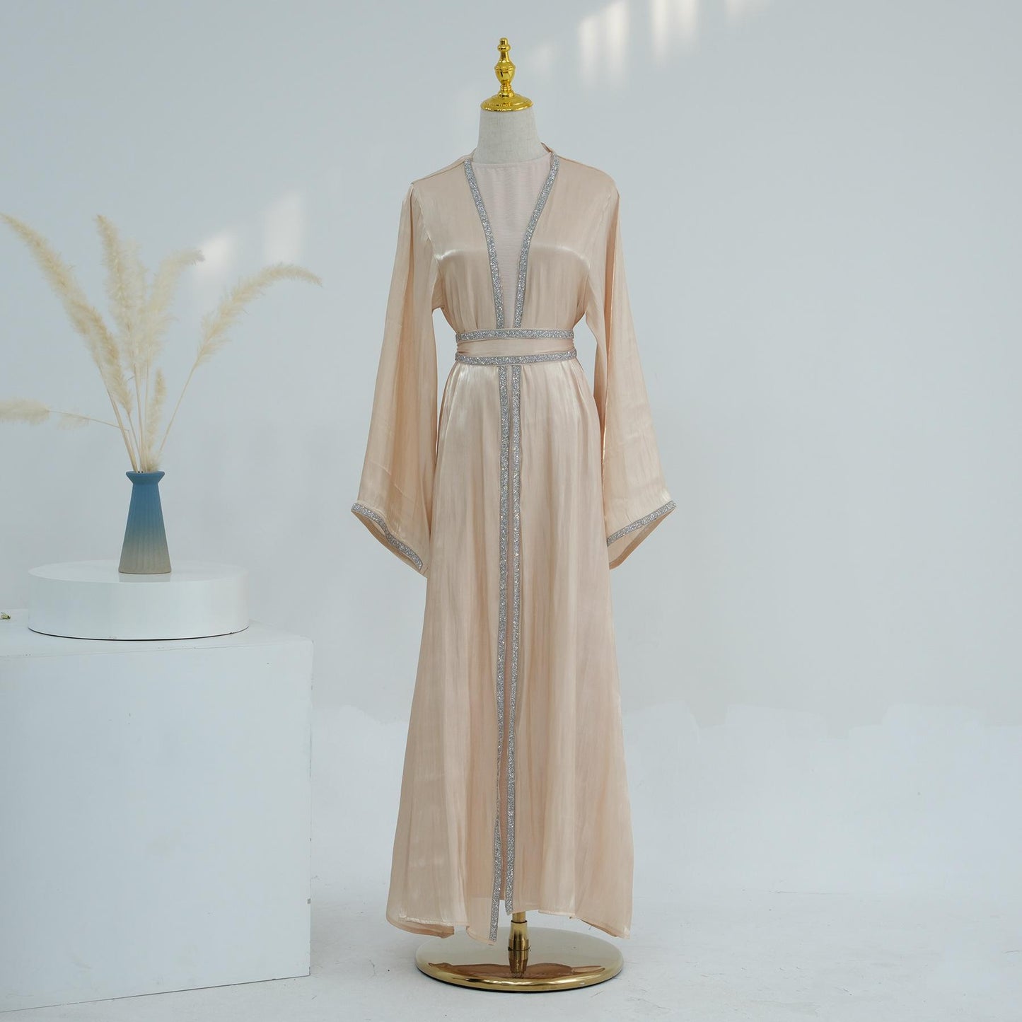TY-617 Everyday Solid Color Trimmed Long Robe Cardigan
