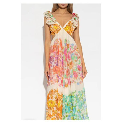 GUJI—44 Hot-Selling Elegant Flutter Sleeve V-Neck Waist-Tightening Slimming A-Line Printed Midi Dress For Beach Vacations Fashion free people