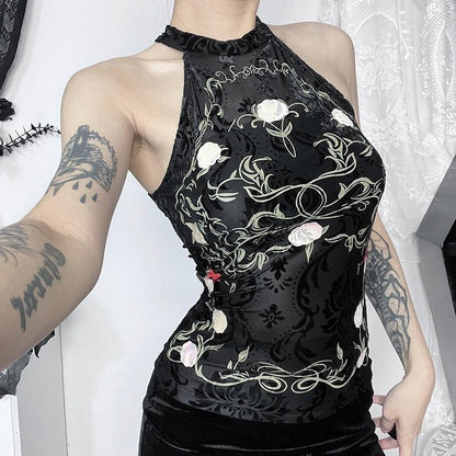 GUJI—170 Chinese Style Printed Velvet Lace Halter Top For Women Fashion Top Fashion slim-fitting fashion halter solid