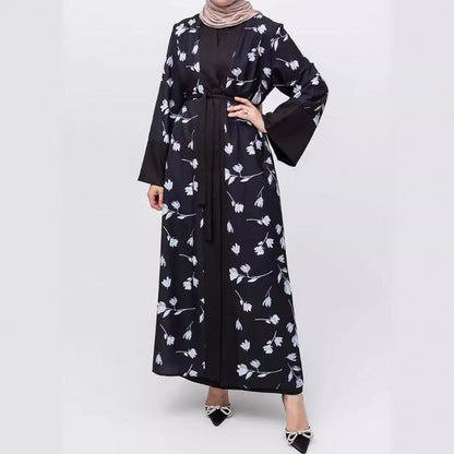 ZM-38 Open Front Long Robe Patchwork Bell Sleeve Printed Dress Fashion