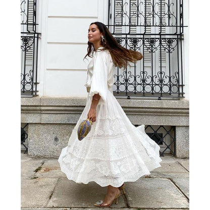 GUJI—116 New Lace Midi Skirt 2024 Summer Women's Elegant Lace Mesh Flared Midi Skirtfashion