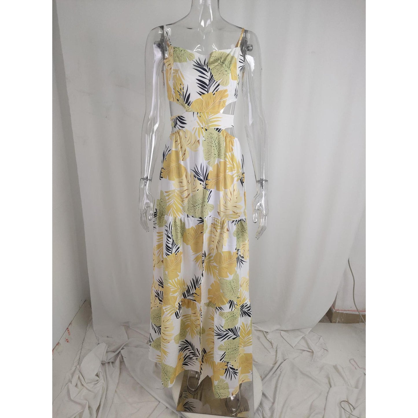 GUJI—305 Elegant Sleeveless Floral Print Tie-Waist Dress