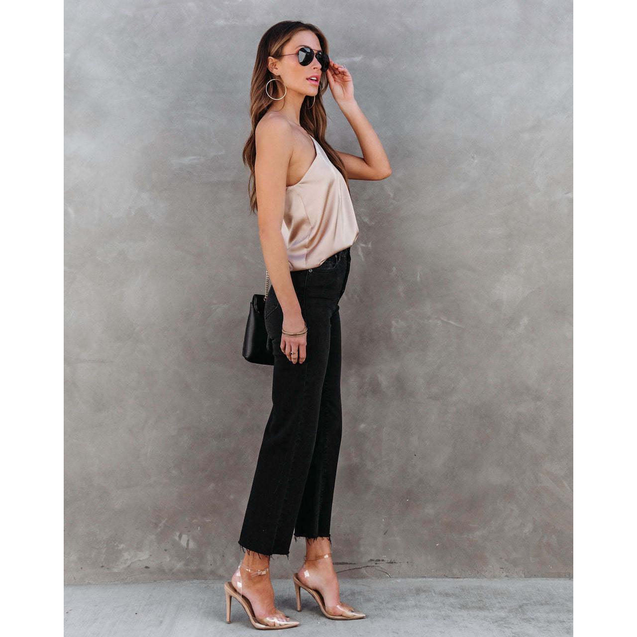 GUJI—13 Women's New Sleeveless One-Shoulder Asymmetrical Neck Satin Tank Top Fashion tubetopandjorts