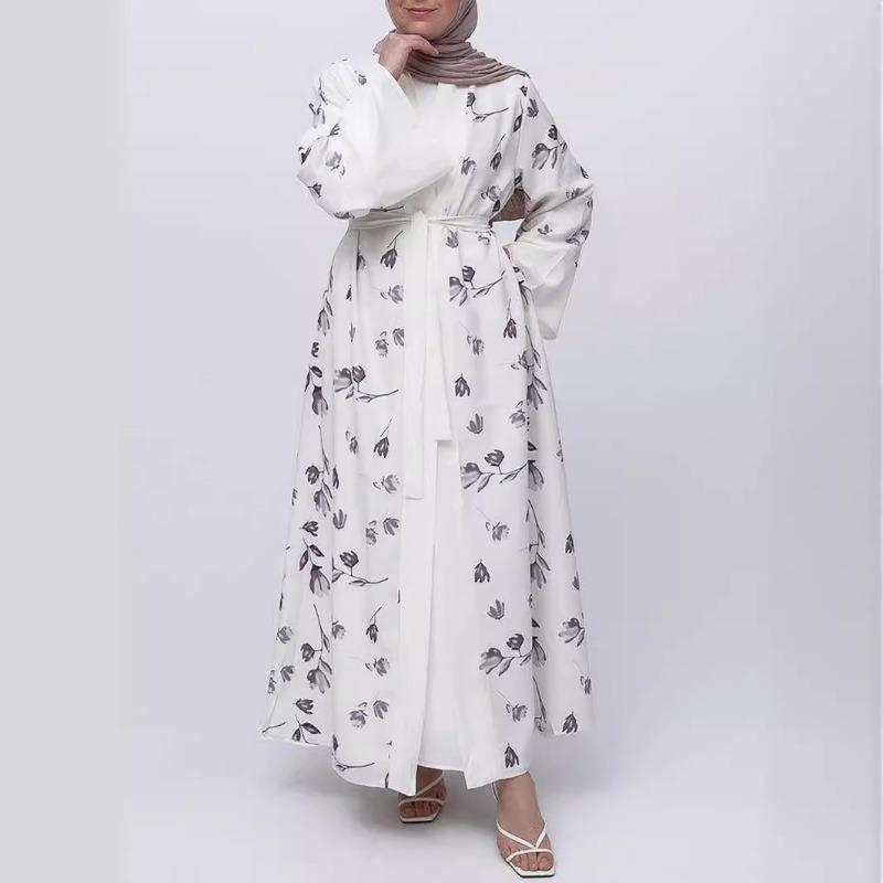 ZM-38 Open Front Long Robe Patchwork Bell Sleeve Printed Dress Fashion