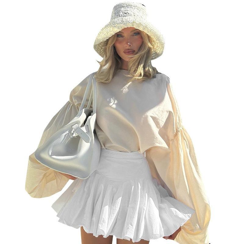 GUJI—403 Summer Solid Color High-Waisted Pleated Skirt