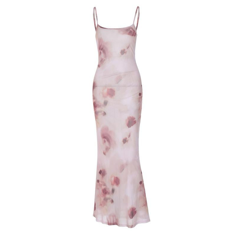GUJI—260 Backless Sleeveless Slim-Fit Maxi Print Dress vestido basic spaghettistrap dress