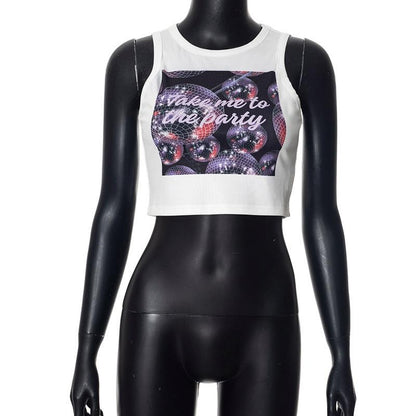 GUJI—128 New Fashion Digital Printed Round Neck Sleeveless Crop Top Fashion Topfashion