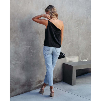 GUJI—13 Women's New Sleeveless One-Shoulder Asymmetrical Neck Satin Tank Top Fashion tubetopandjorts