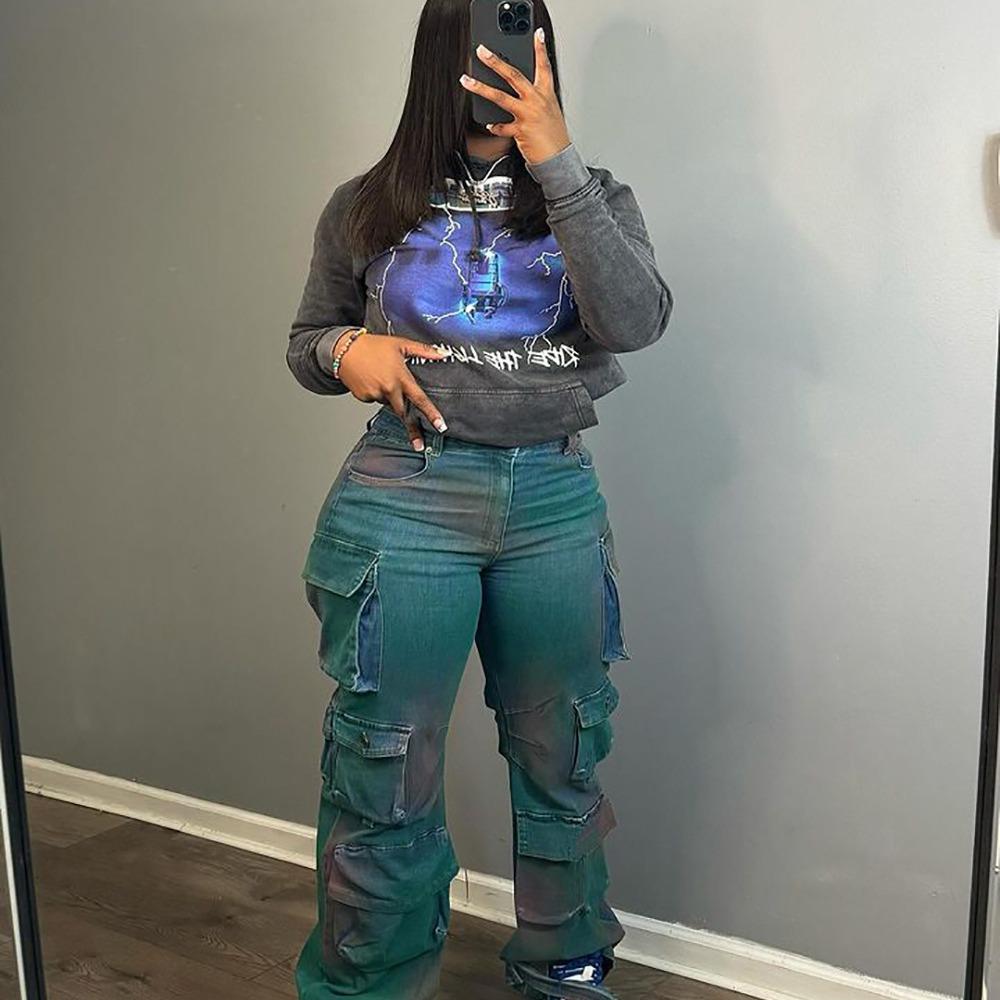 GUJI—222 Fashionable Tie-Dye High-Waisted Straight-Leg Jeans With Multiple Pockets