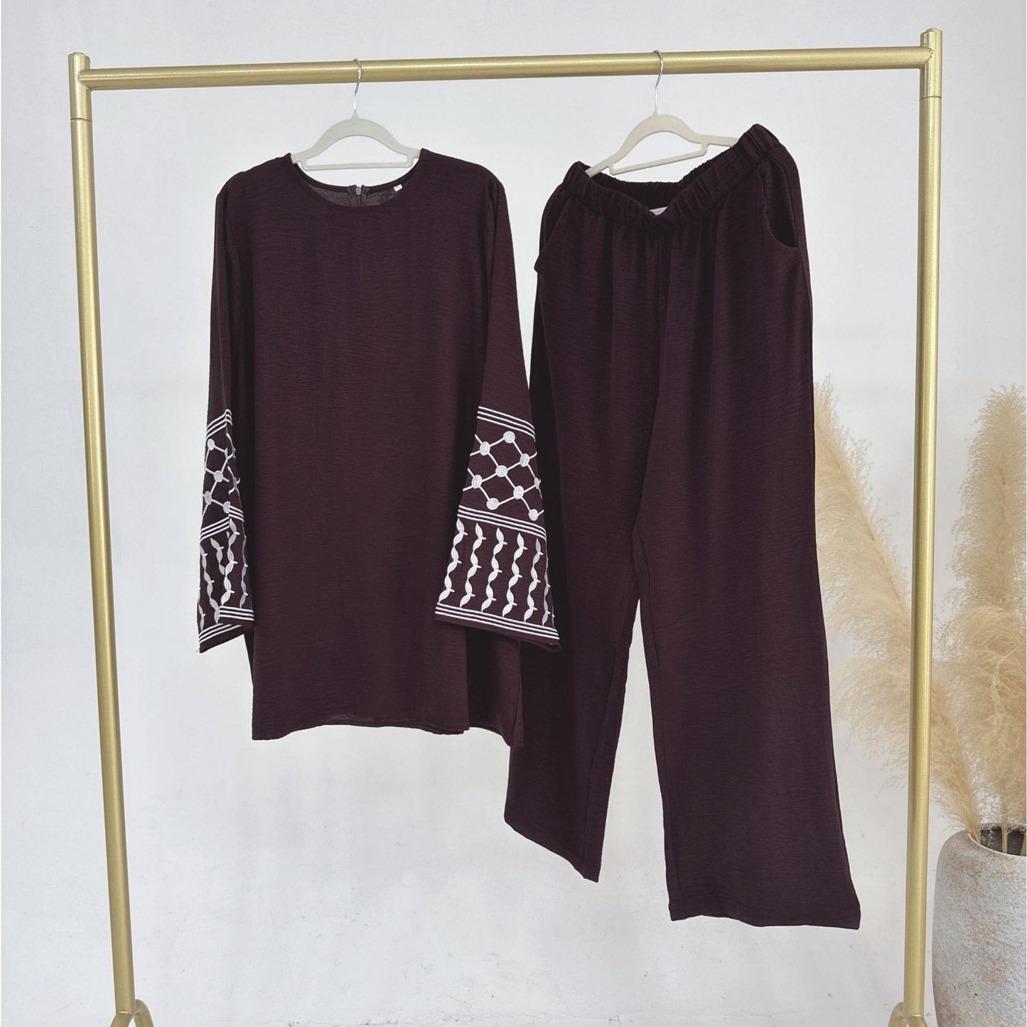 TY-613 Embroidered Top With Wide-Leg Pants Two-Piece Set