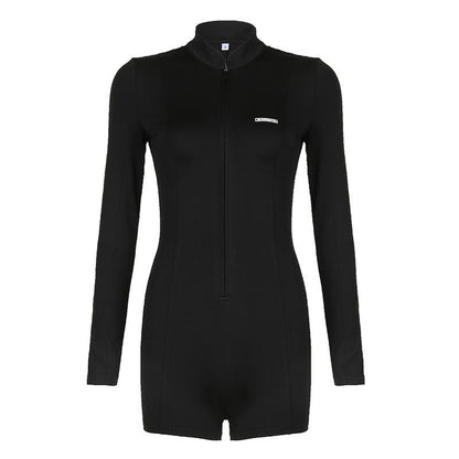GUJI—197 Fashion Simple Slim Fit Panel Line Casual Sport Zipper Long Sleeve Short Jumpsuit Fashion