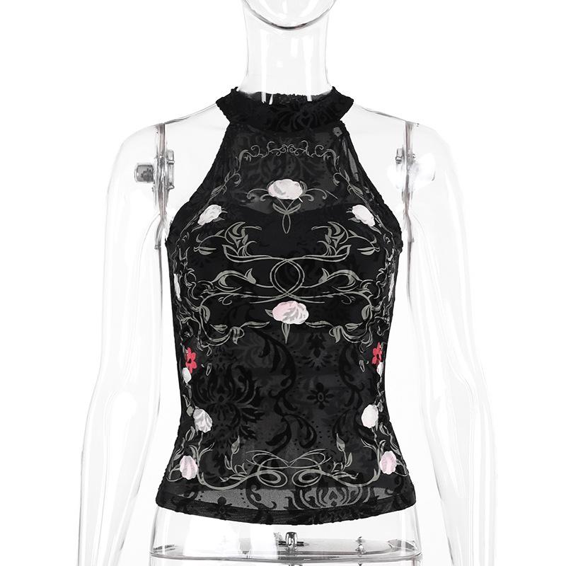 GUJI—170 Chinese Style Printed Velvet Lace Halter Top For Women Fashion Top Fashion slim-fitting fashion halter solid