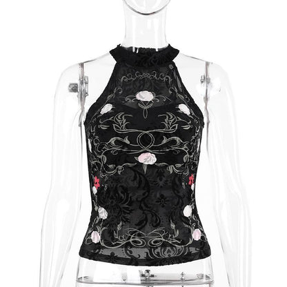 GUJI—170 Chinese Style Printed Velvet Lace Halter Top For Women Fashion Top Fashion slim-fitting fashion halter solid
