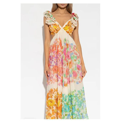 GUJI—44 Hot-Selling Elegant Flutter Sleeve V-Neck Waist-Tightening Slimming A-Line Printed Midi Dress For Beach Vacations Fashion free people