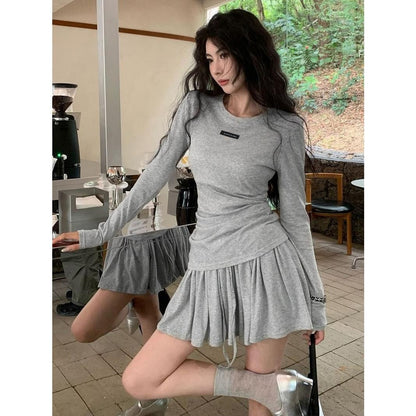 GUJI—400 Relaxed Fit Long-Sleeve T-Shirt And High-Waisted Skirt Set