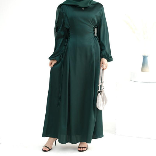 GJ-603 Abaya Solid Color High-Neck Slim-Fit Ribbon Dress