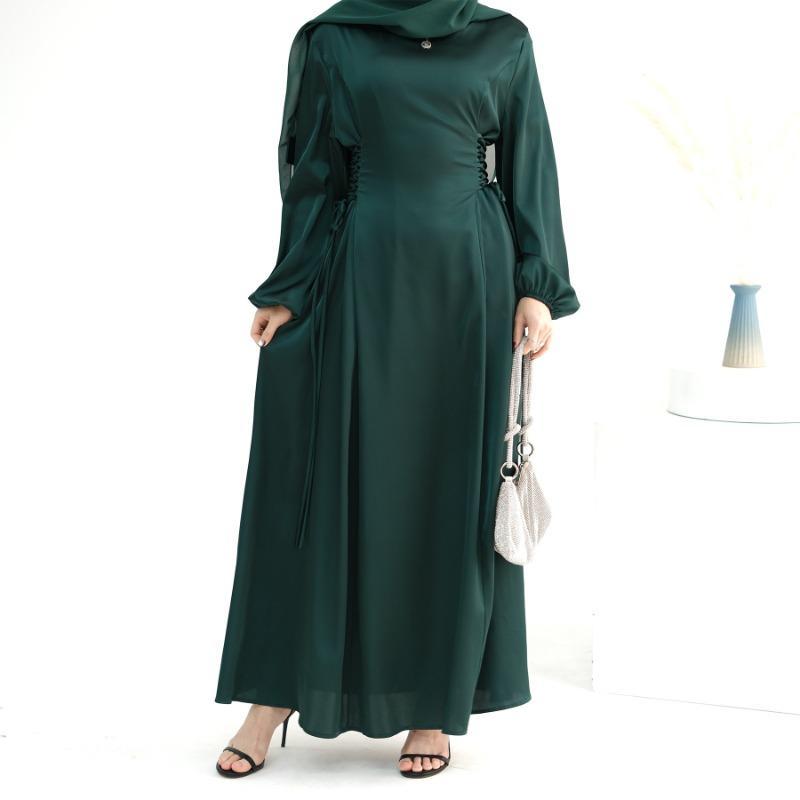 TY-603 Abaya Solid Color High-Neck Slim-Fit Ribbon Dress