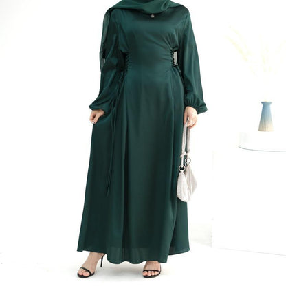 TY-603 Abaya Solid Color High-Neck Slim-Fit Ribbon Dress