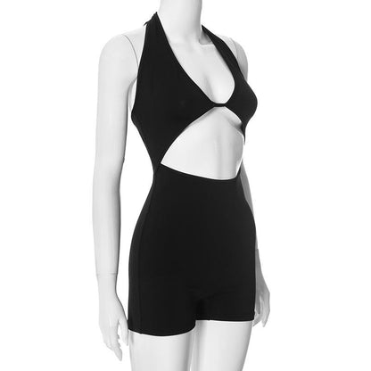 GUJI—131 Summer New Solid Color Sleeveless Halter Hollow Out Midriff-Baring Backless Sexy Romper Tank Romper Sports Br Afashion